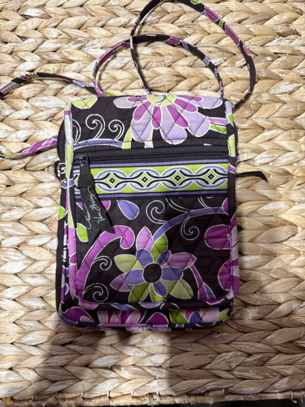 Quilted Floral Crossbody Bag in Brown, Purple & Lime - Designer Style